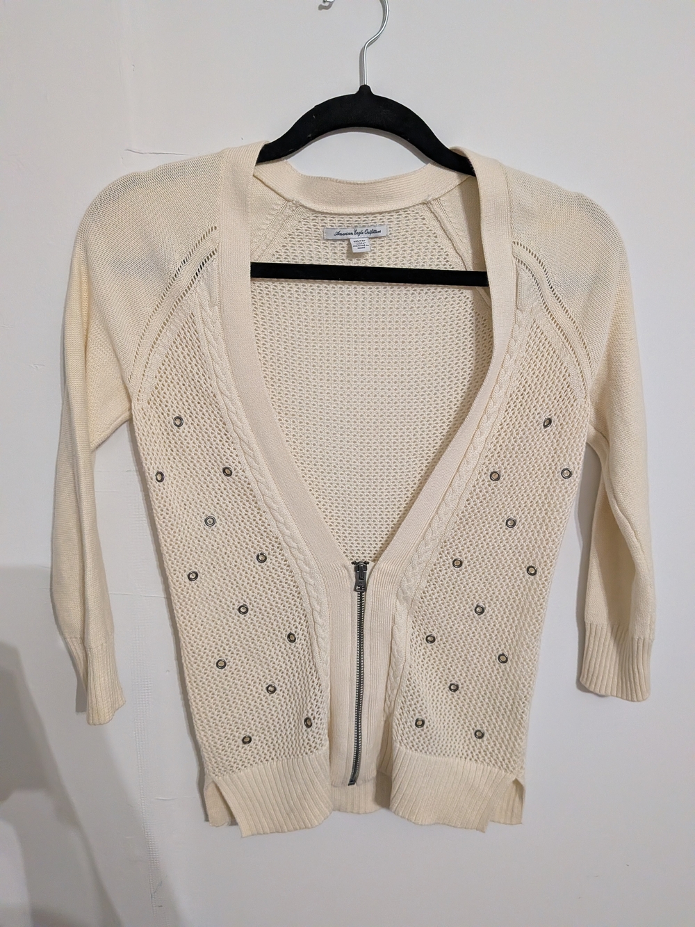 American Eagle Outfitters Cream Zip-Up Knit Cardigan with Grommet Detail